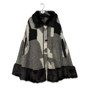 Cliche Women's‎ Black White Gray Geometric Patchwork Faux Fur Trim Cape L